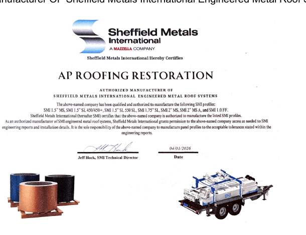 Sheffield Metals International authorized manufacturer certificate for AP Roofing Restoration